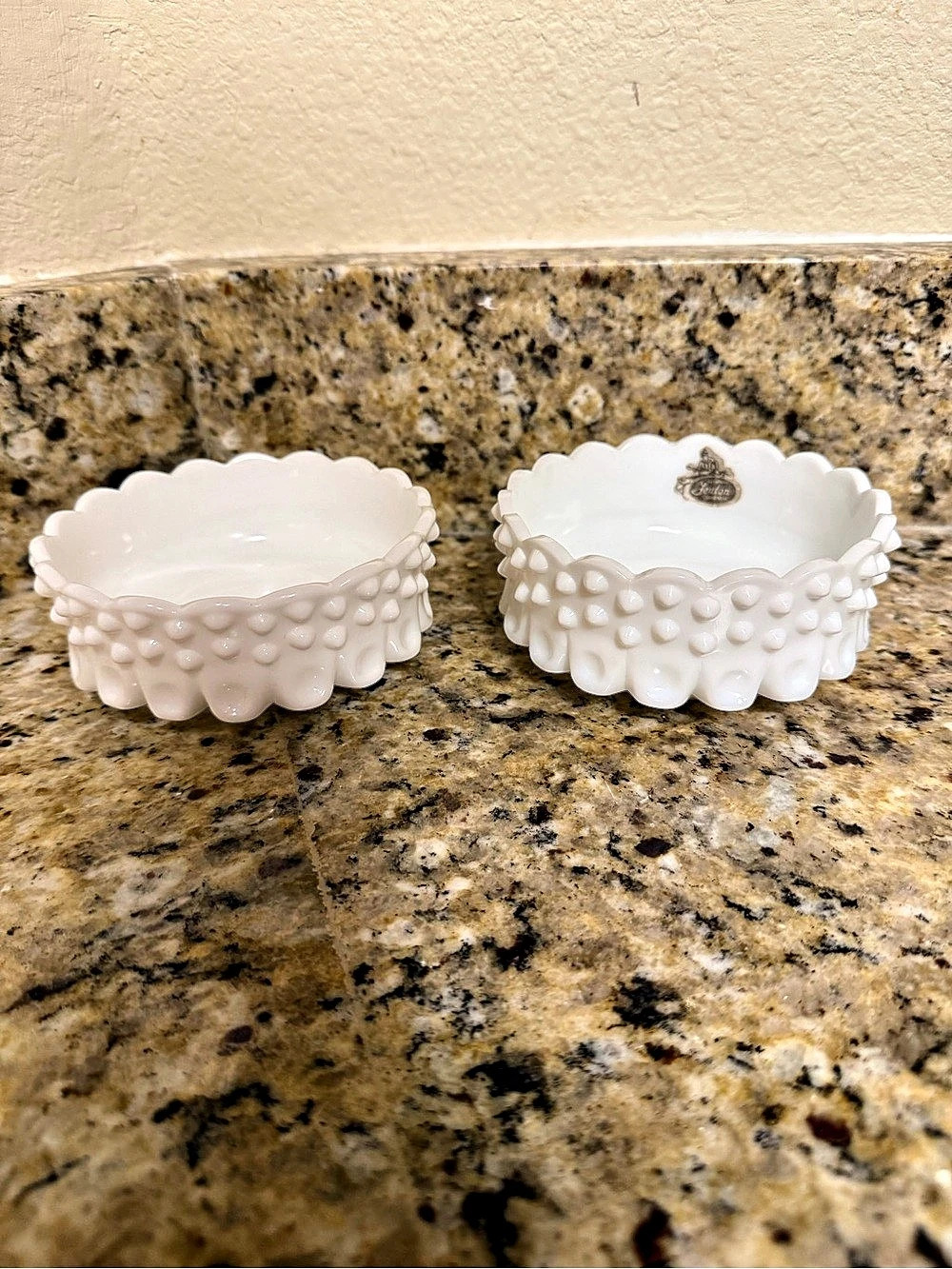 Fenton White Milk Glass Hobnail Open Bom Bon Dishes Set of 2